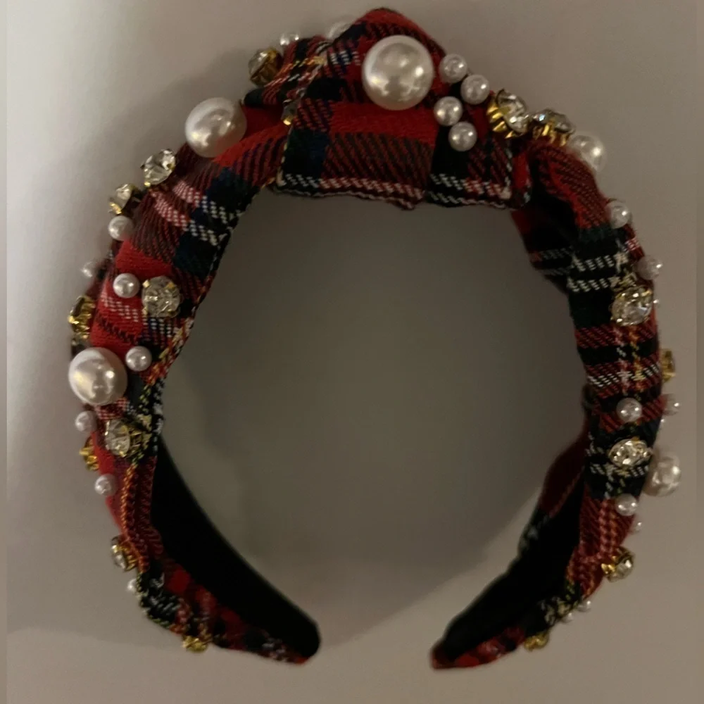 Holiday Top Knot Tartan Plaid Headband Faux  Pearls and Gold Accents—NEW—